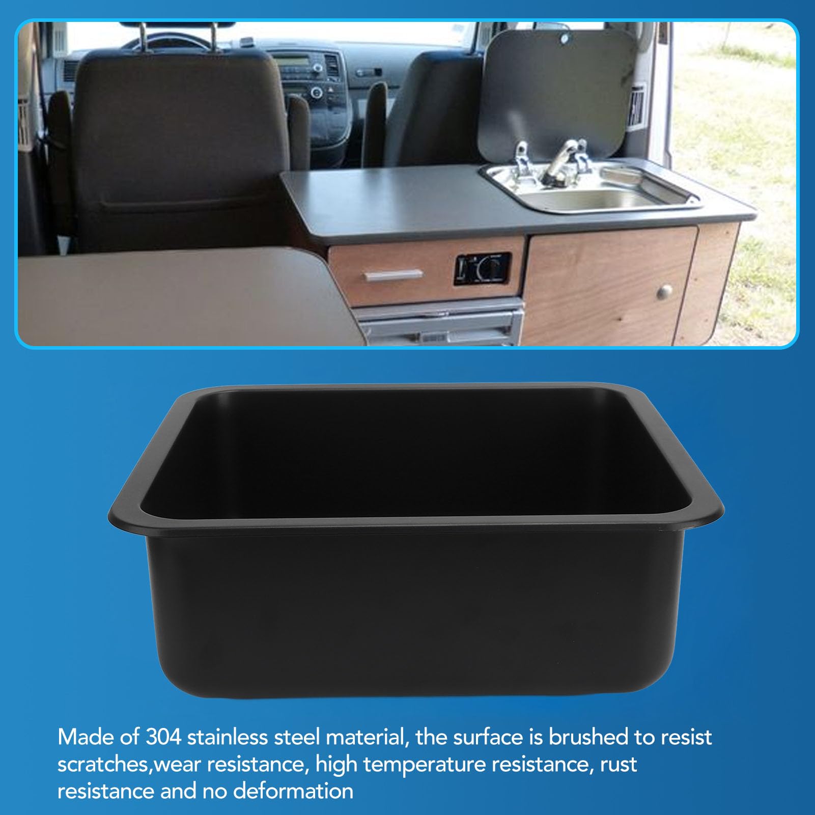 FLEXMAN Wohnmobil Spüle, 400 X 360 X 150 mm, Wohnmobil Küchenspüle mit Gummidichtung, Edelstahl Einzelbecken, Tiefes Rechteckiges Küchenwaschbecken für Wohnwagen, Wohnmobil, Boot (Schwarz)