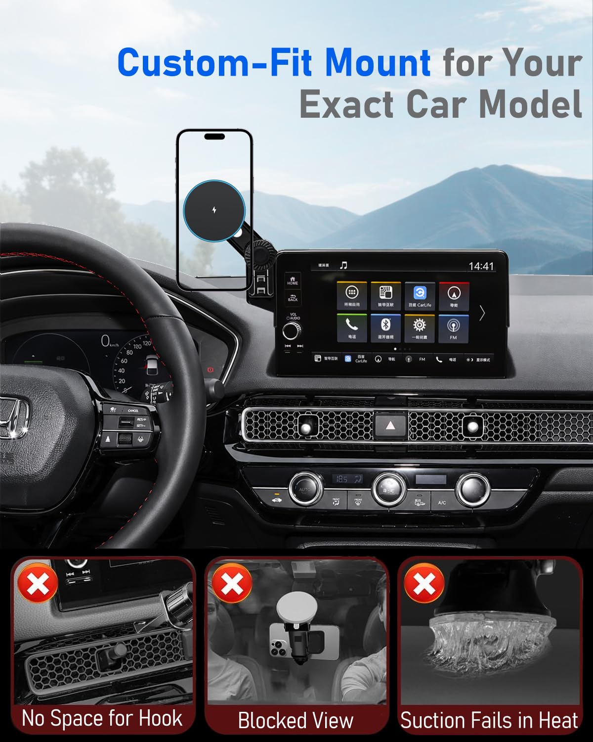Supporto caricabatterie per telefono per Honda Civic 11a generazione 2022-2026, adatto a schermo da 7/9 pollici, supporto caricabatterie wireless con forti magneti, stile OEM, nessun ostacolo