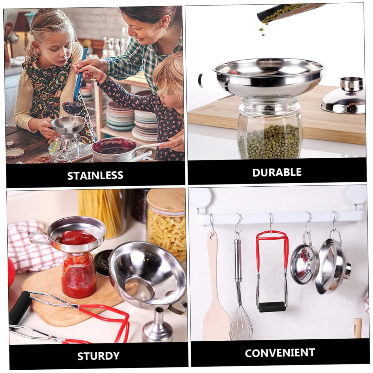 Set di 4 Imbuti da Cucina in Acciaio Inossidabile con Lifter