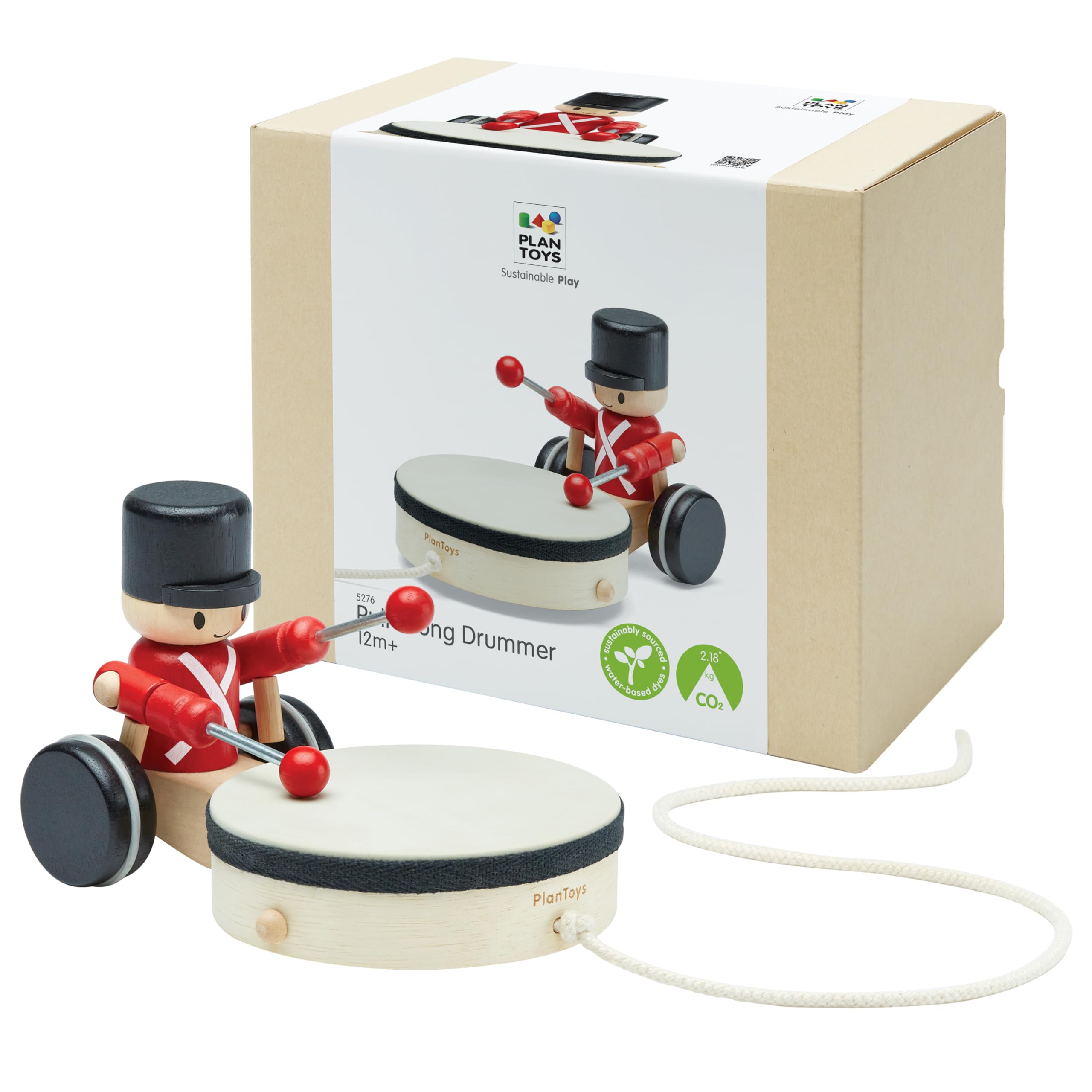 PlanToys® Wooden Pull Along Drummer | Musical Toy That Encourages Rhythm, Coordination & Focus | Montessori Eco-Friendly Educational Toy for Active &
