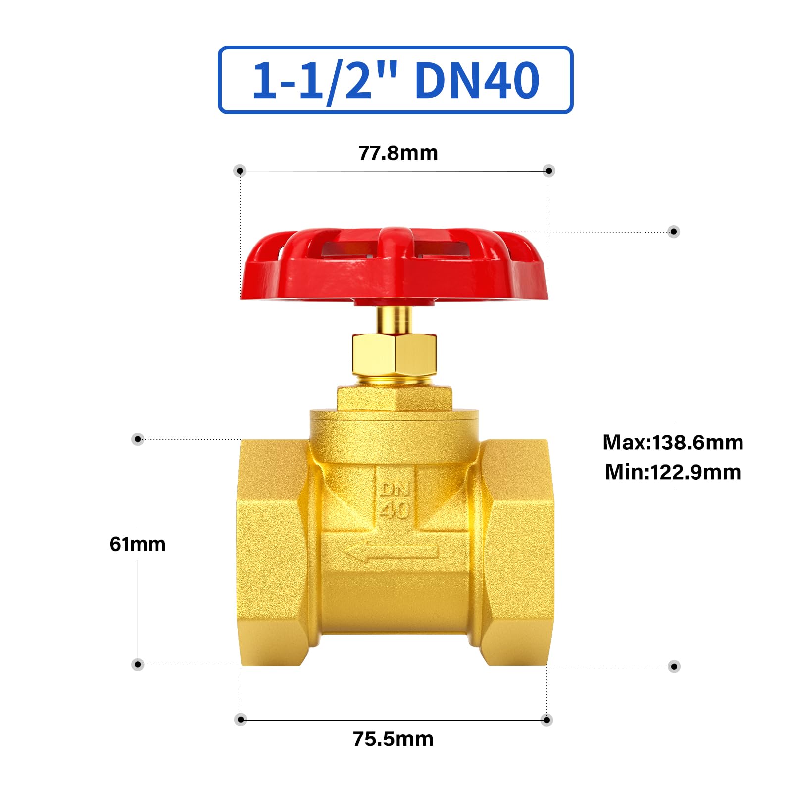 Vanne à soupape industrielle en laiton robuste 1-1/2" BSP avec poignée à volant pour l'eau, le pétrole et le gaz