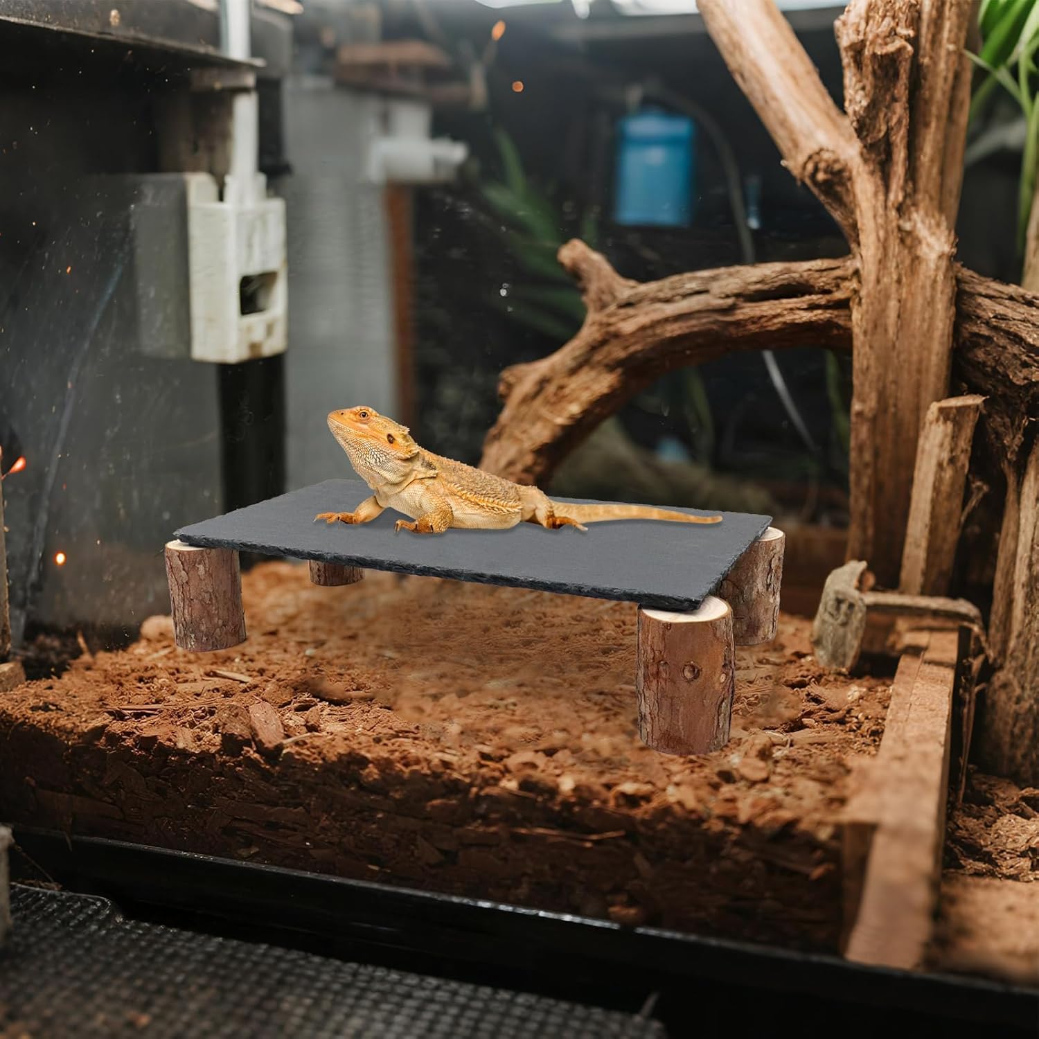Bartagamen-Sonnenplattform, Schiefersteine für Reptilien mit Holzstapel, Verstecke und Höhlen für Leopardgeckos, Reptilien-Terrarien-Zubehör für Geckos, Ball-Pythons, Schildkröten - 40 × 20 × 7,8 cm