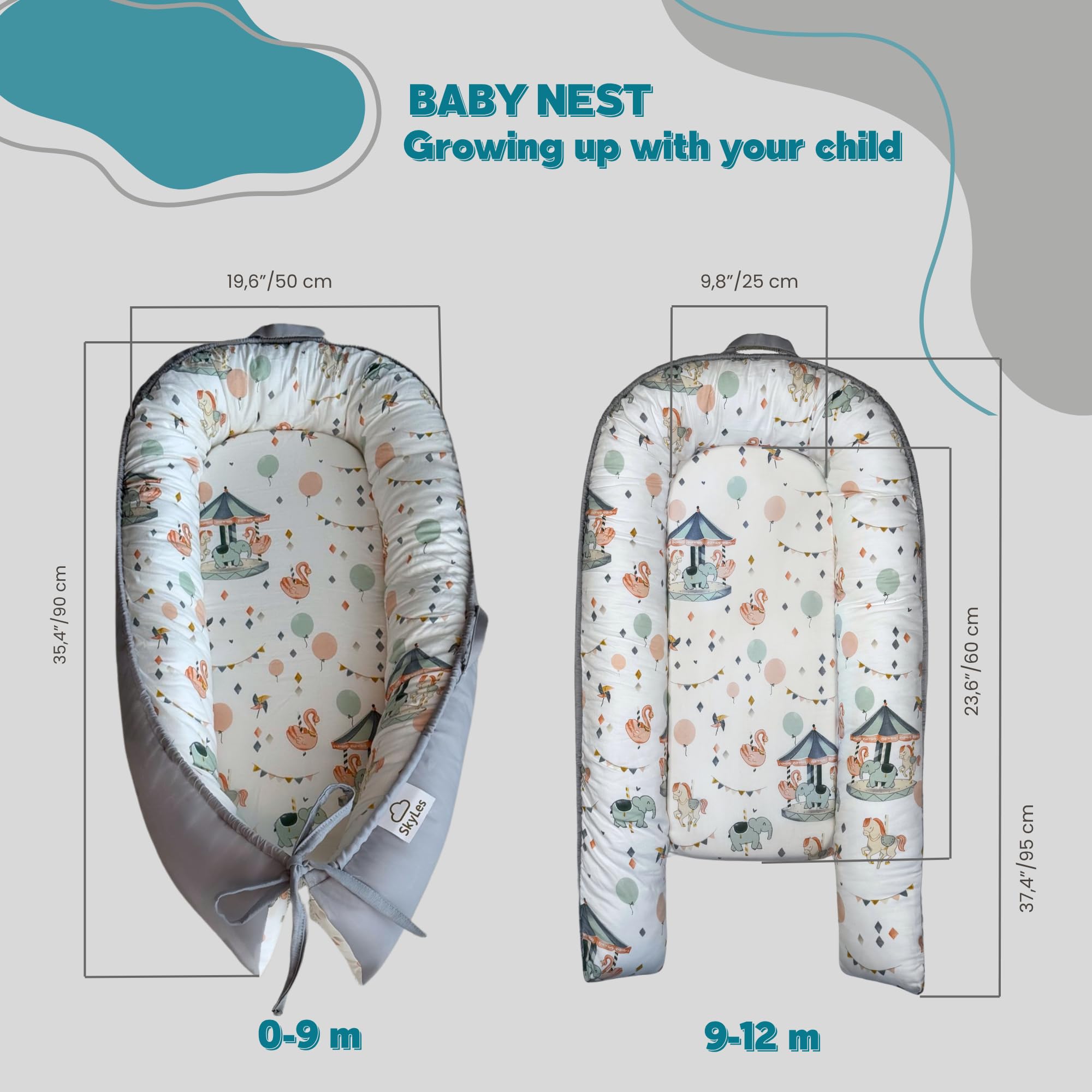 SkyLes Baby Nest Pod per neonati 0-12 mesi - Baby Lounge con materasso in memory foam (60 × 25 cm), fodera rimovibile lavabile, tessuto morbido e traspirante