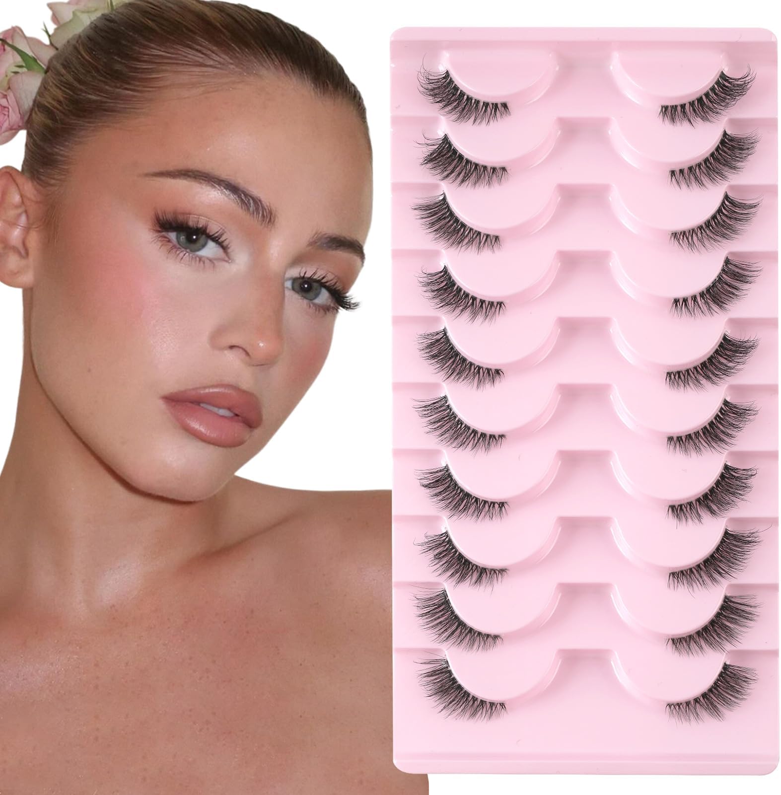 Half Lashes Natural Look 10 Pairs Cat Eye Wispy Corner Lashes Reusable 3/4 Transparent False Eyelashes with Clear Band Sixstarhair