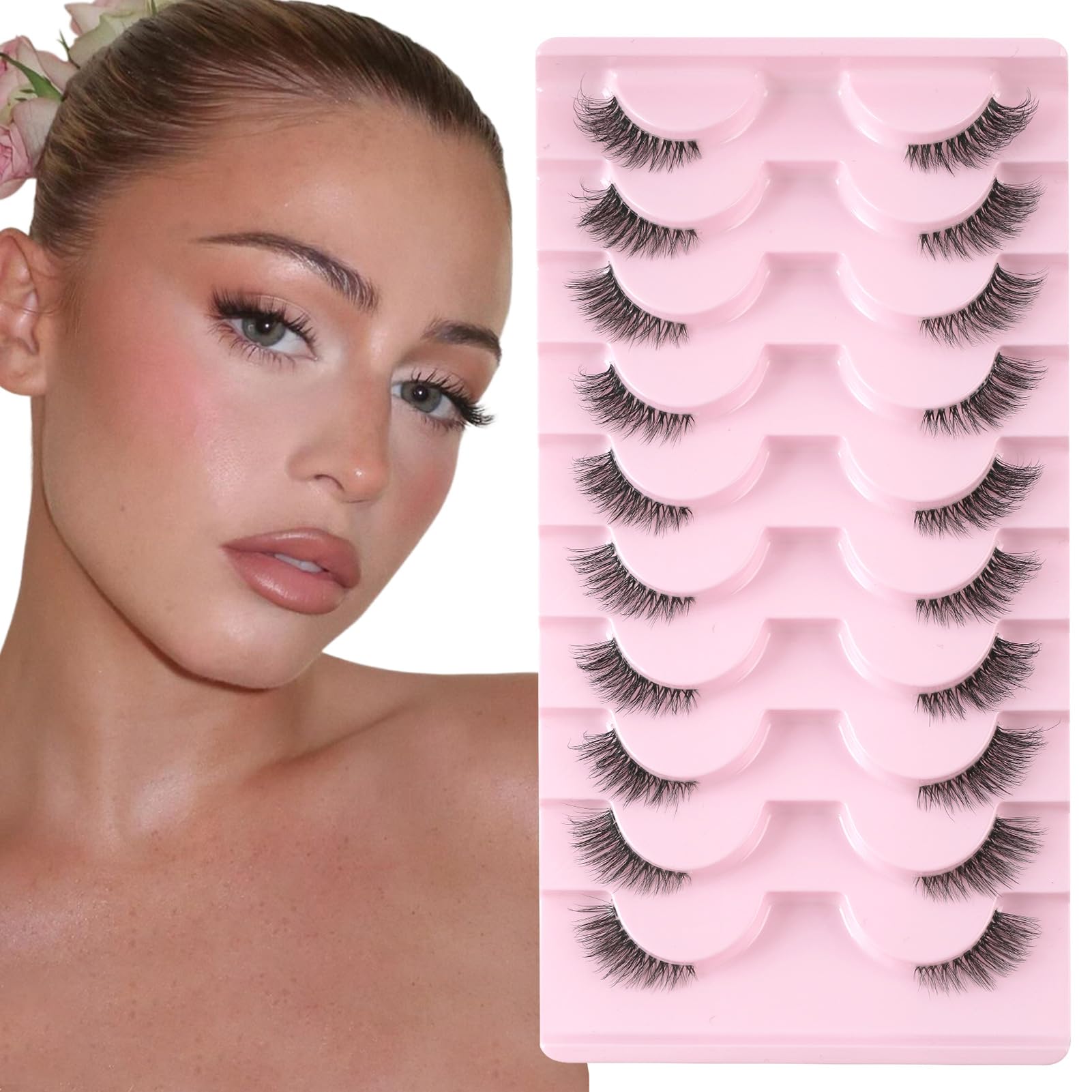 False Eyelashes with Clear Band Half Lashes Natural Look 10 Pairs Cat Eye Wispy Corner Lashes Reusable 3/4 Transparent Fake Lashes
