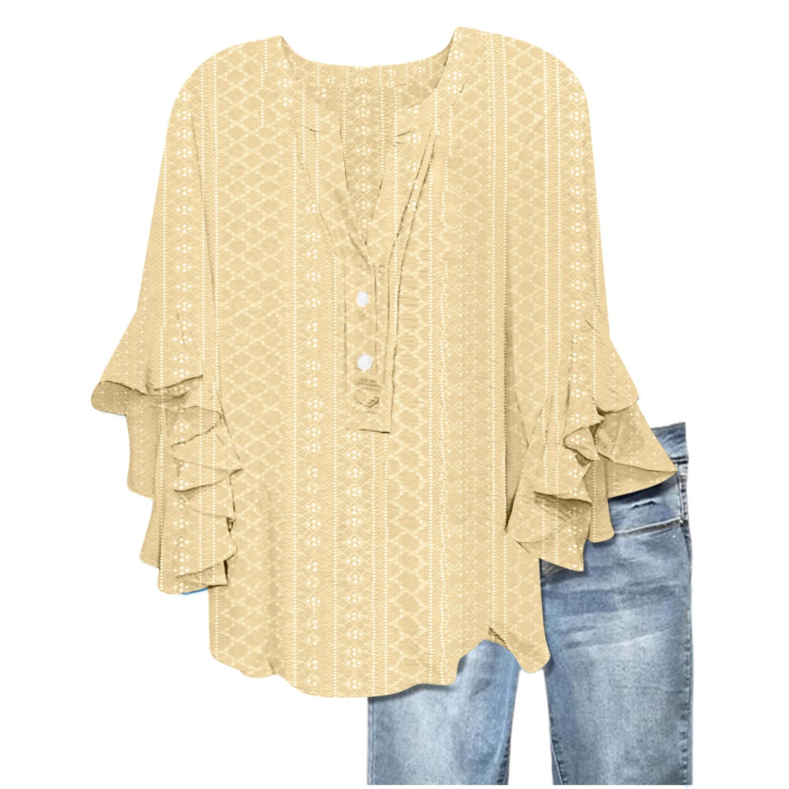 Women's Eyelet Tops V-Neck Ruffle 3/4 Sleeve Blouse Casual Loose Button Up Henley Shirts Boho Flowy Beach Clothes — view 18