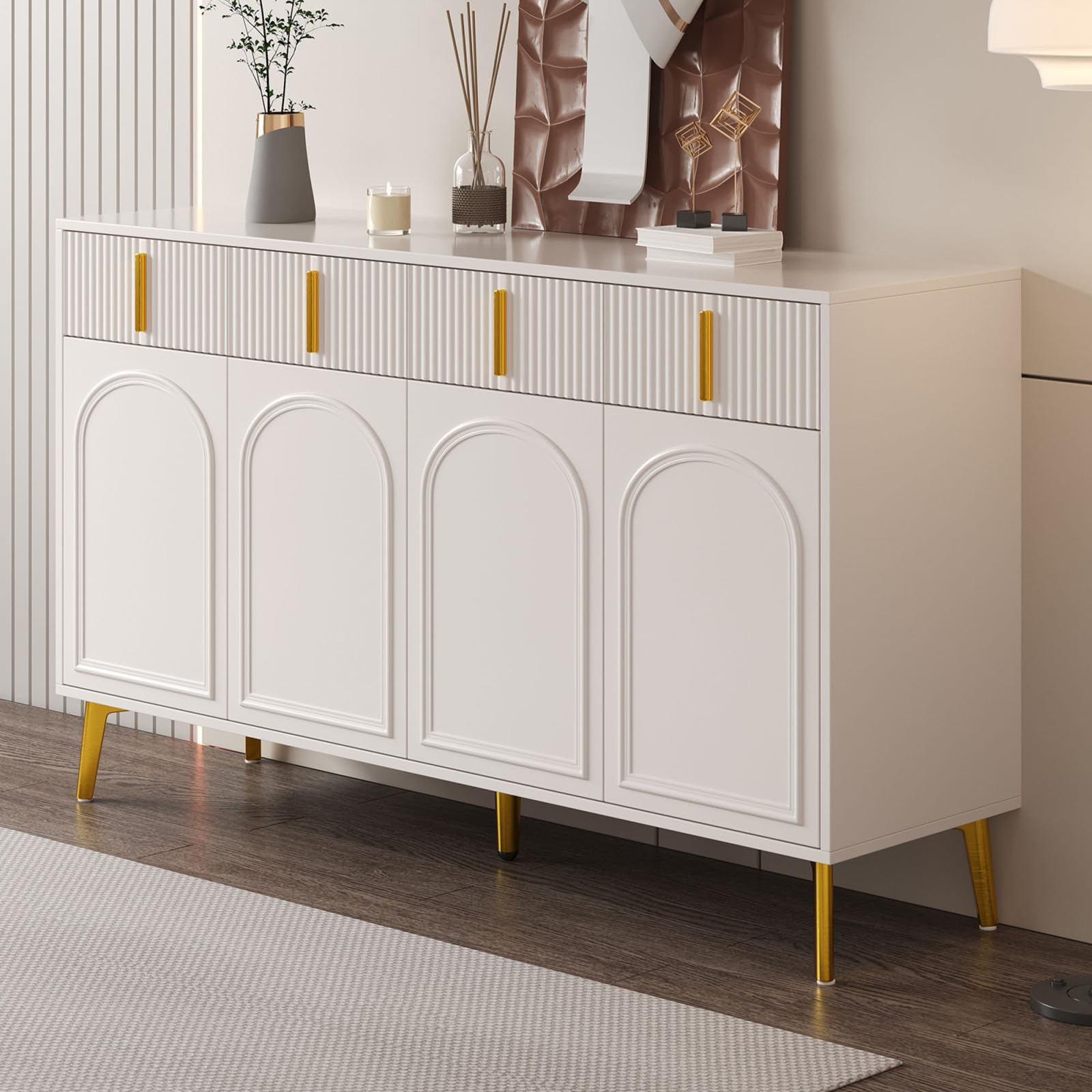 Sideboard mit 4 Türen, Modern Kommode mit 4 Schubladen, Schubladenschrank mit Griff und Beine, Küchenschrank für Flur, Schlafzimmer, Wohnzimmer, Geschwungenes Design, 140x38x82cm, Weiß