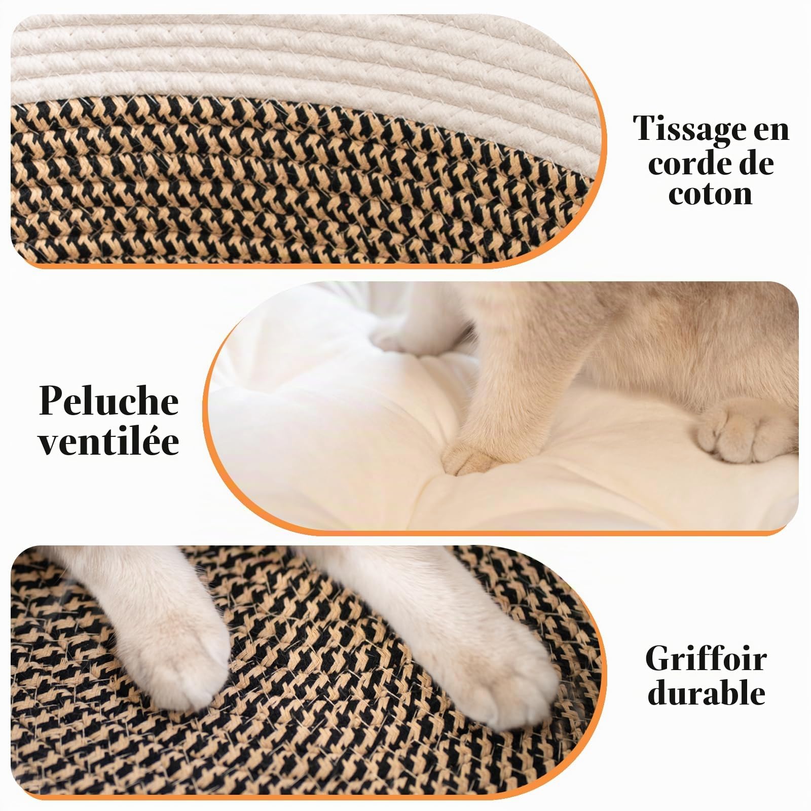 CheerPals Panier Chat Tressé en Corde, Lit pour Chat Respirant au Design Artisanal, Panier Rond et Douillet pour Toutes Saisons, Style Nordique, 47x47x15 cm