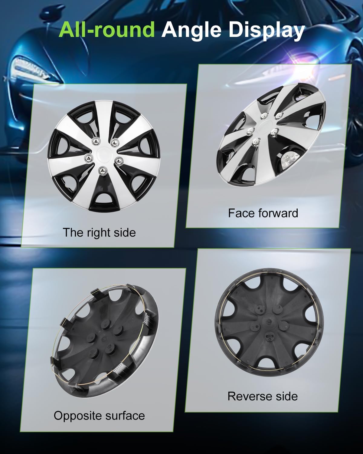 SCITOO Wheel Rim Cover Hubcaps with Sliver can Easily Snap On Car Truck SUV(15-Inch),Suitable for a Variety of 15" Models,Corrosin-Free & Sturdy,4-Pack.