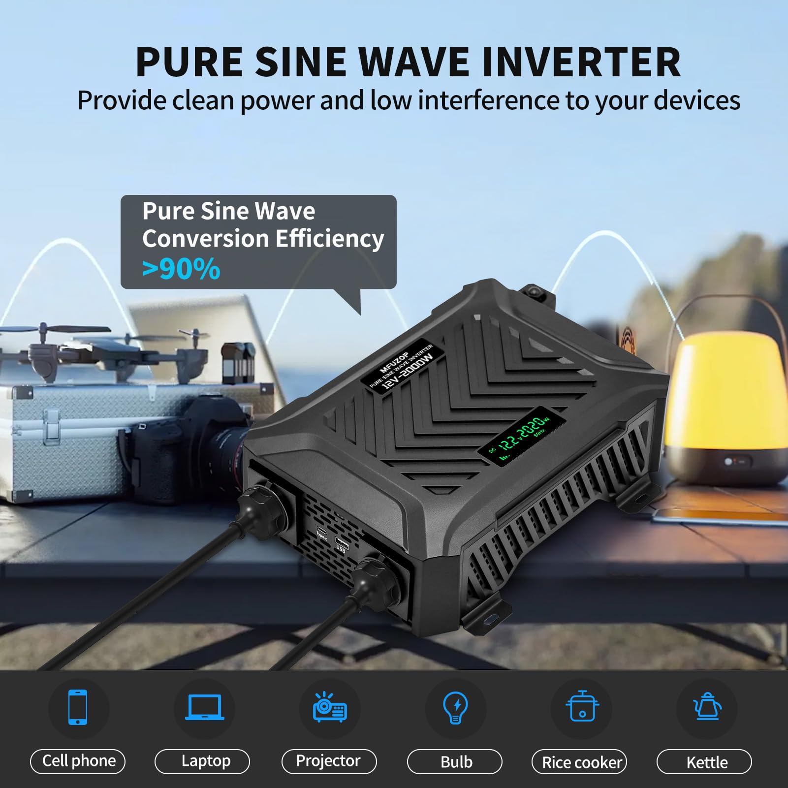 MFUZOP Inverter 12v 220v Onda Pura 2000W/4000W Power Inverter Convertitore 12V 220V 2000W con 2 presa AC, e Type-c & 1 Porte USB per Casa, Auto,Camion, Camper