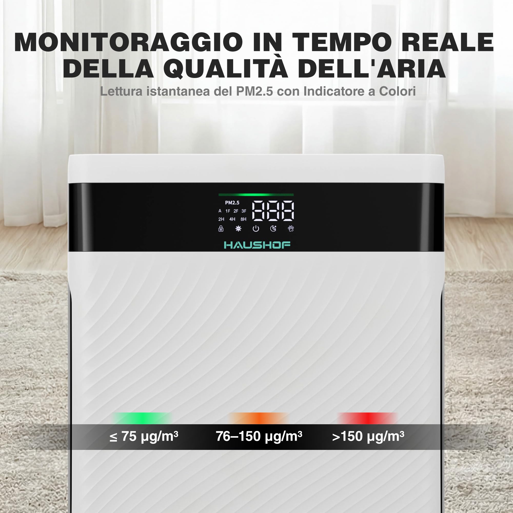 HAUSHOF Purificatore d'Aria con Filtro HEPA, Rimuove 99,97% di Polvere | Polline e Peli, CADR 250 m³/h, Display PM2.5, 30 dB, Aromaterapia, per Uffici e Casa.