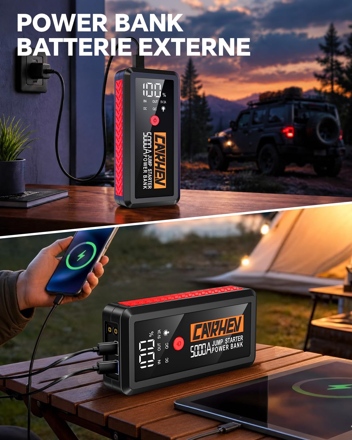 CARHEV Booster Batterie Voiture 5000A, 26800mAh Démarreur Batterie Voiture (Jusqu’à 10L Essence & 10L Diesel), 12V Portable Jump Starter avec Pinces de Sûreté Intelligentes, Lampe à LED, Écran LCD