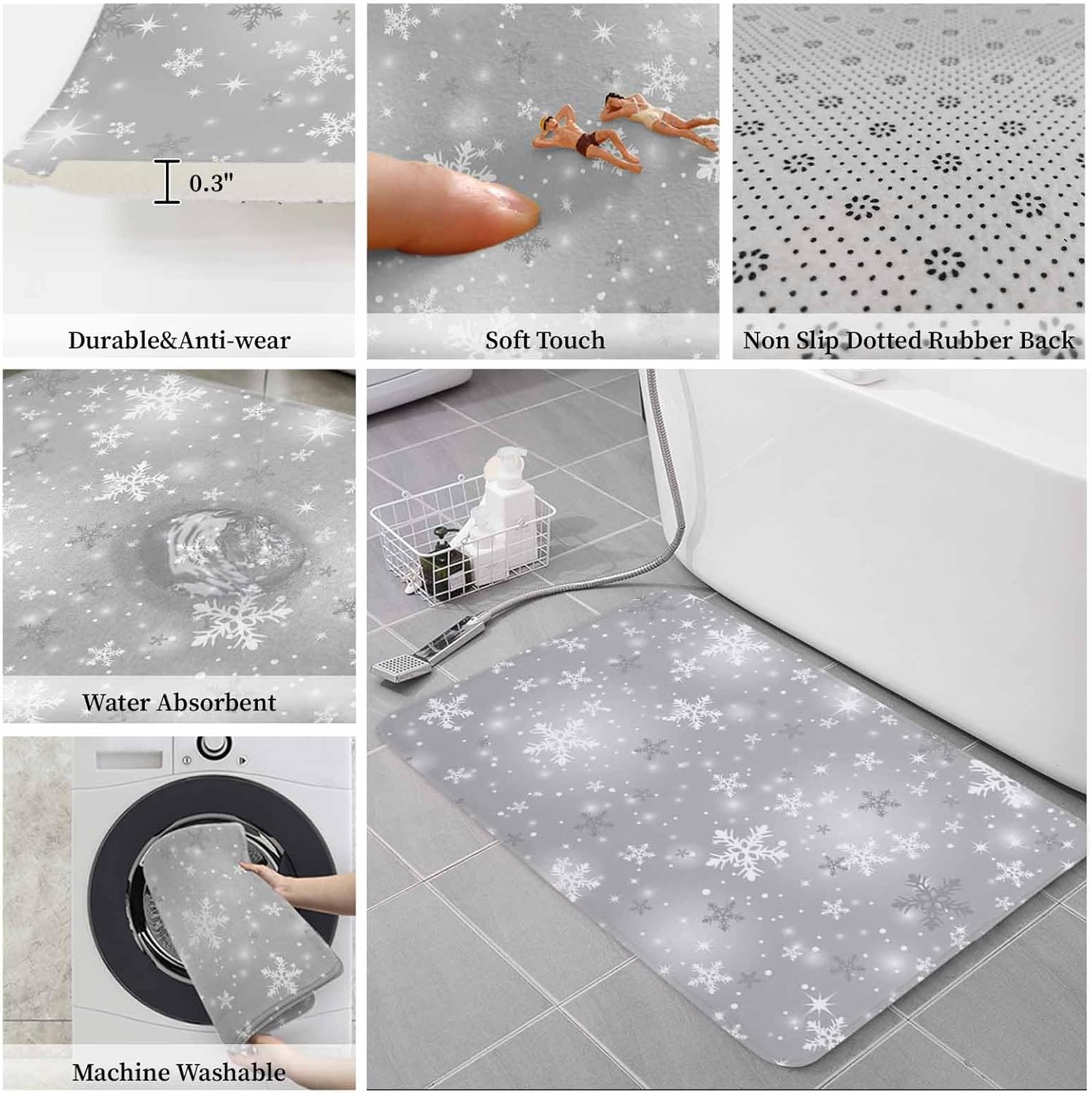 DecorLovee Grey Snowflake Christmas 3 Pieces Bathroom Rug Set Washable Cover Floor Rug Decoration Winter Xmas Snowflake Toilet Contour Mat Lid Cover Non-Slip Bath Mat 18''x30''+14''x18''+15''x18''