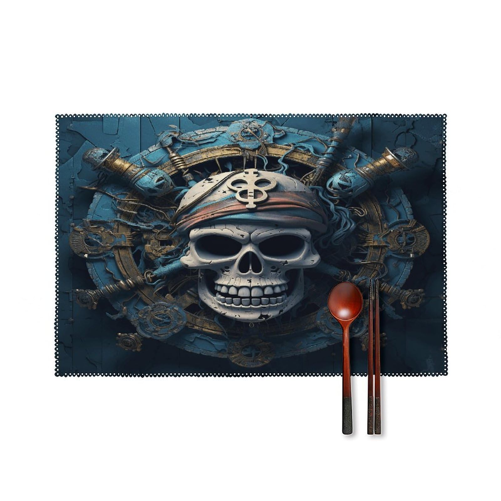 Skeleton Pirate Placemats Set of 6 Heat Resistant Non-Slip Place Mats Washable Wipeable Table Mats Elegant Farmhouse Placemat for Kitchen Dining Outdoor Party Table Decor