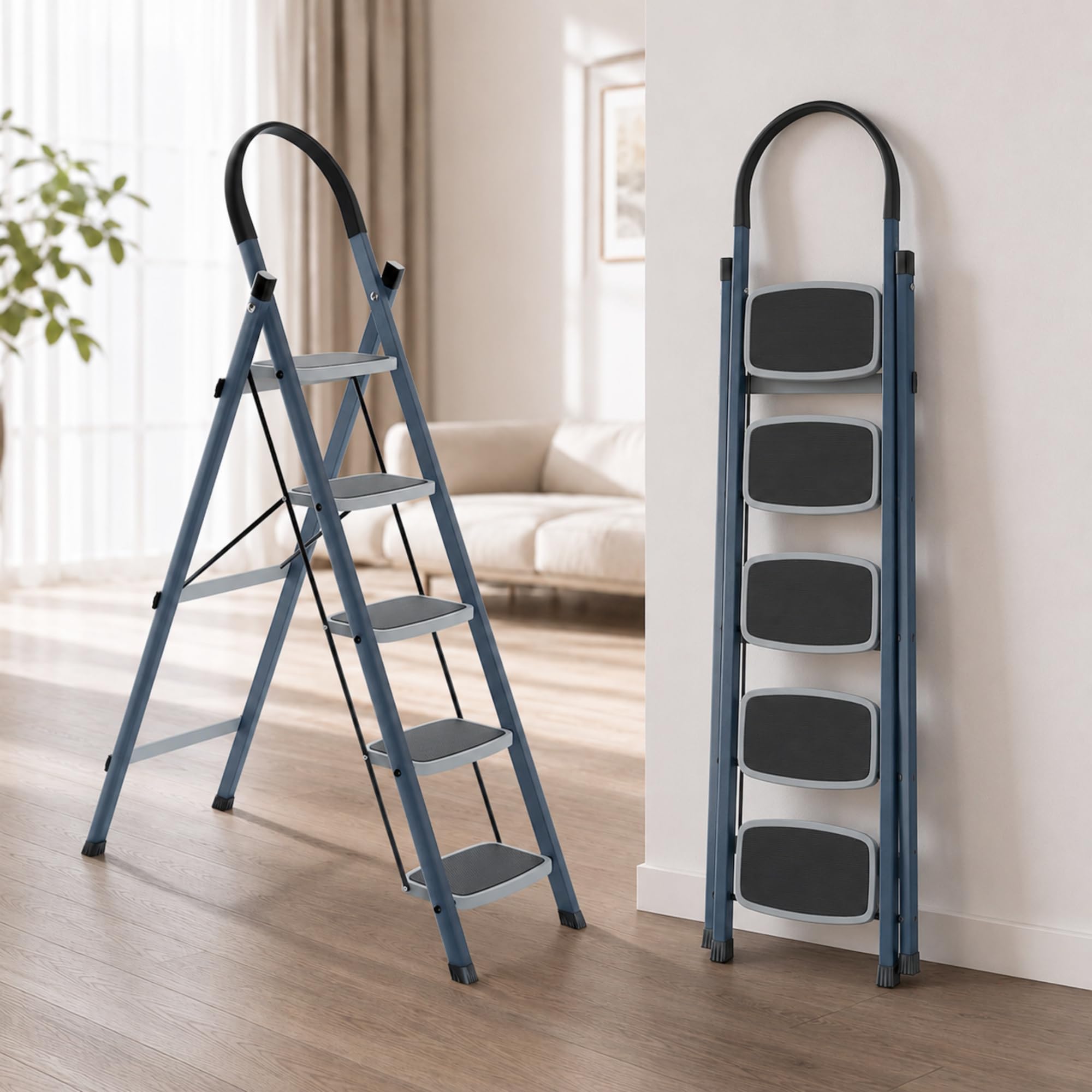LAPO Folding Ladder for Home & Office | Heavy Duty Steel Step Ladder | 150 kg Load Capacity | 20 x 30 cm Anti-Slip Large Platform | Non-Slip Rubber Feet | 5 Years Warranty | Grey (5 Step)