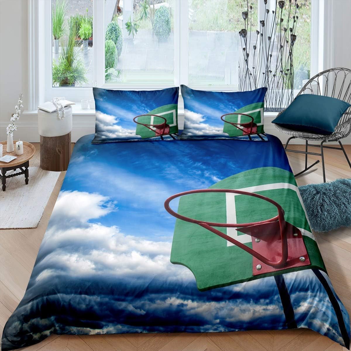 Super King zestaw poszewek na kołdrę obręcz do koszykówki miękka mikrofibra zestaw pościeli z nadrukiem 3D sportowy styl poszewka na kołdrę 260 x 220 cm z zamkiem błyskawicznym z 2 poszewkami na