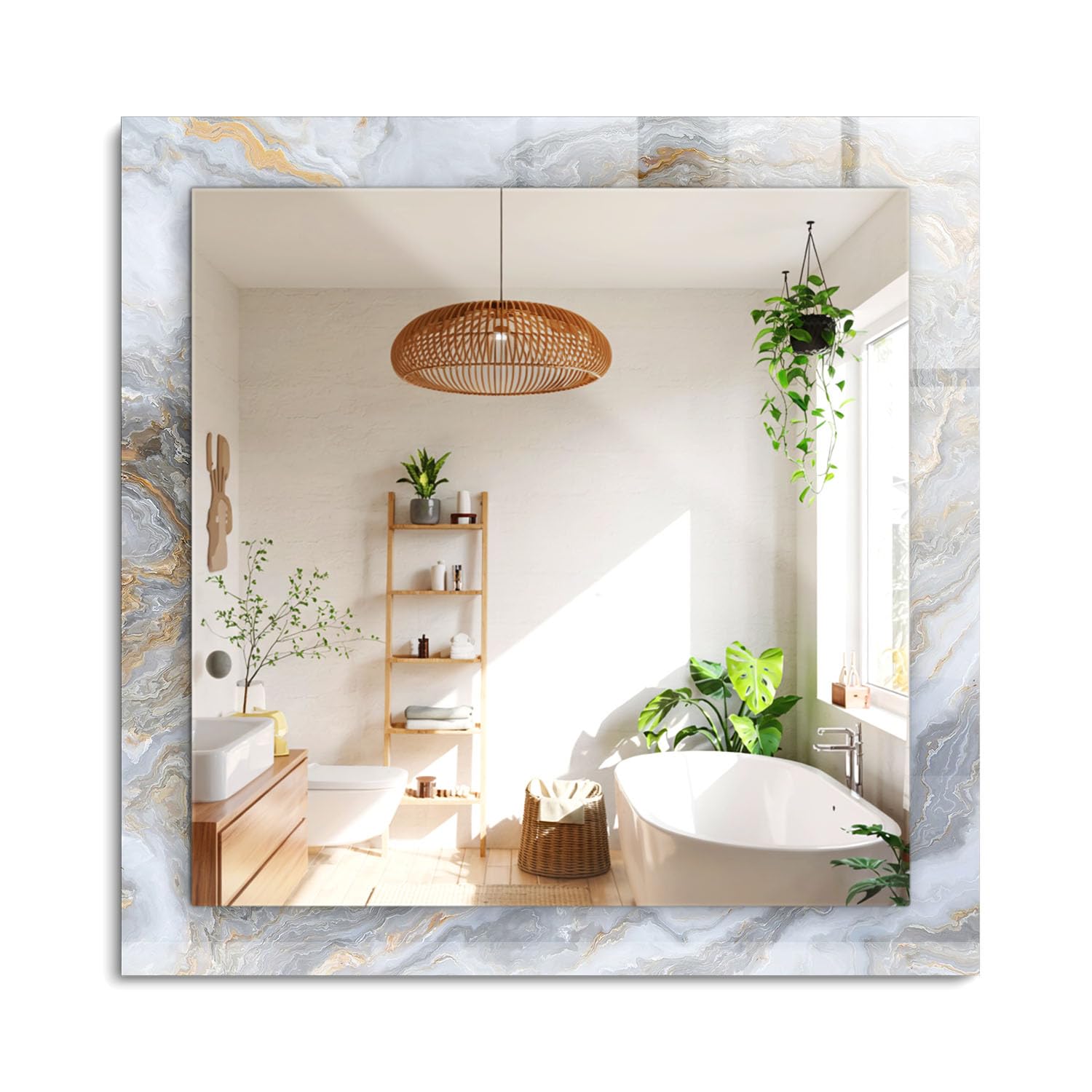 Miroir rectangulaire 60x60cm effet marbre cadre en verre pour chambre
