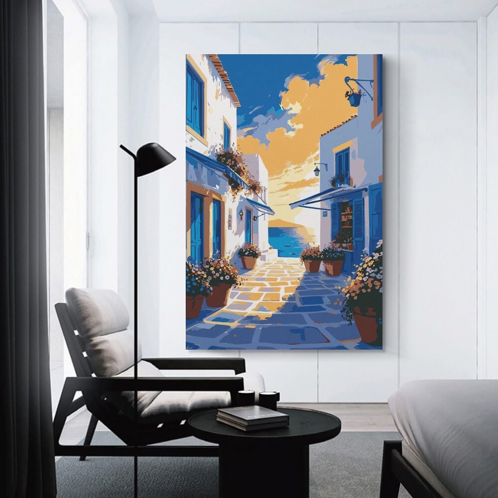 Junmoney Greek Island Street Scene Painting Canvas Art Print, 08x12inch(20x30cm), for Wall Displays, Bedrooms Or Room Updates, Home Wall Art for Statement Displays