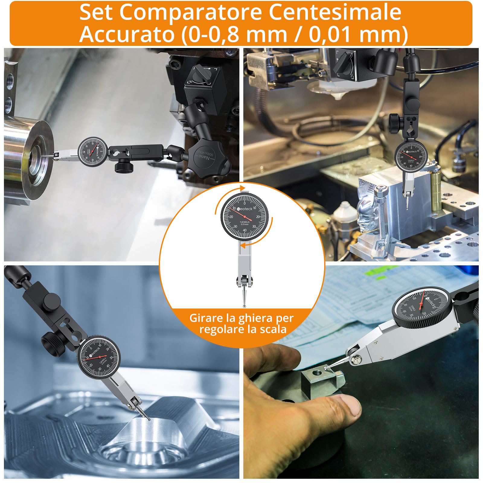 Neoteck Indicatore di Prova a Quadrante 0-0.8mm con Base Magnetica 90lbs/40kg Set Comparatore a Leva Metrico 0.01mm Supporto Magnetico Forte con Custodia Protettiva per Laboratori, Officine Meccaniche