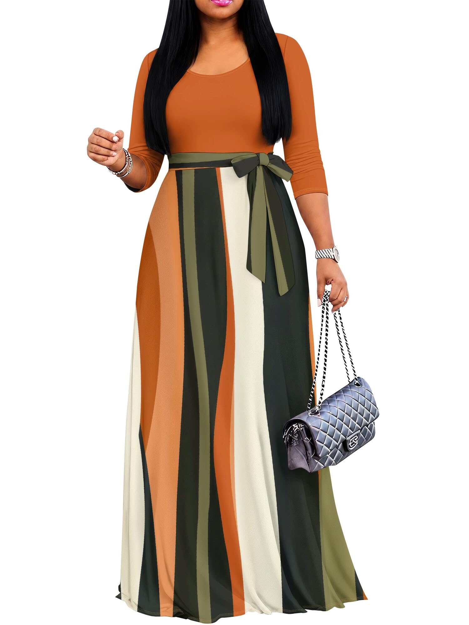 PinkPatty Women's Print Maxi Dresses 3/4 Sleeve Flowy Long Dress V Neck Wrap Tie Waist Sundress