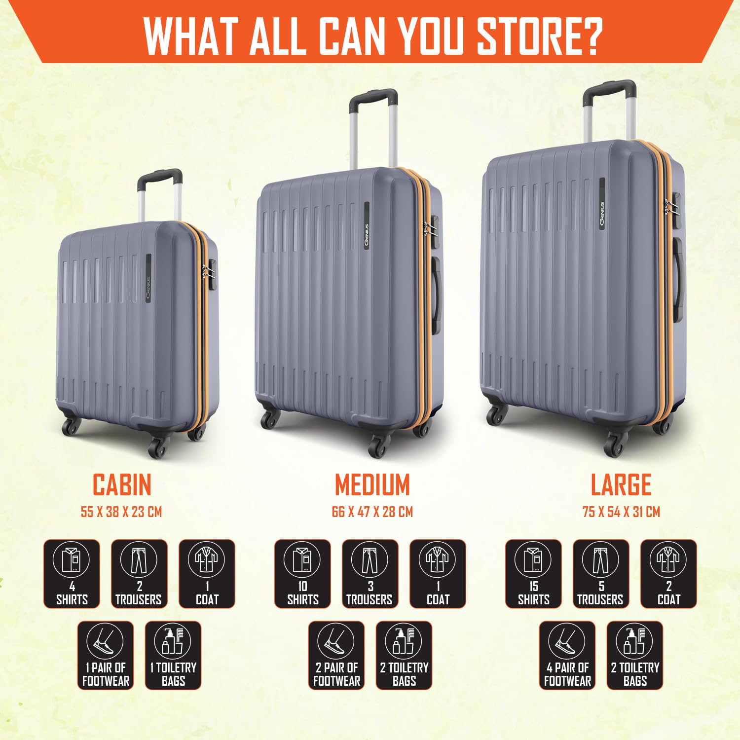 Safari Genius Alley Set of 3 (Cabin + Medium + Large) Trolley Bags Hard Case Polypropylene, 4 Wheels, 360 Degree Wheeling Luggage, Suitcase for Travel, Trolley Bags for Travel, Flintstone — Amazon image 7