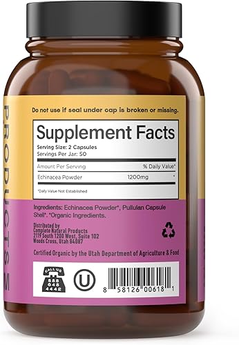 Miniatura 3 de Complete Natural Products Cápsulas orgánicas de equinácea de 600 mg, 100 unidades | A base de plantas, sistema inmunológico y apoyo a la salud
