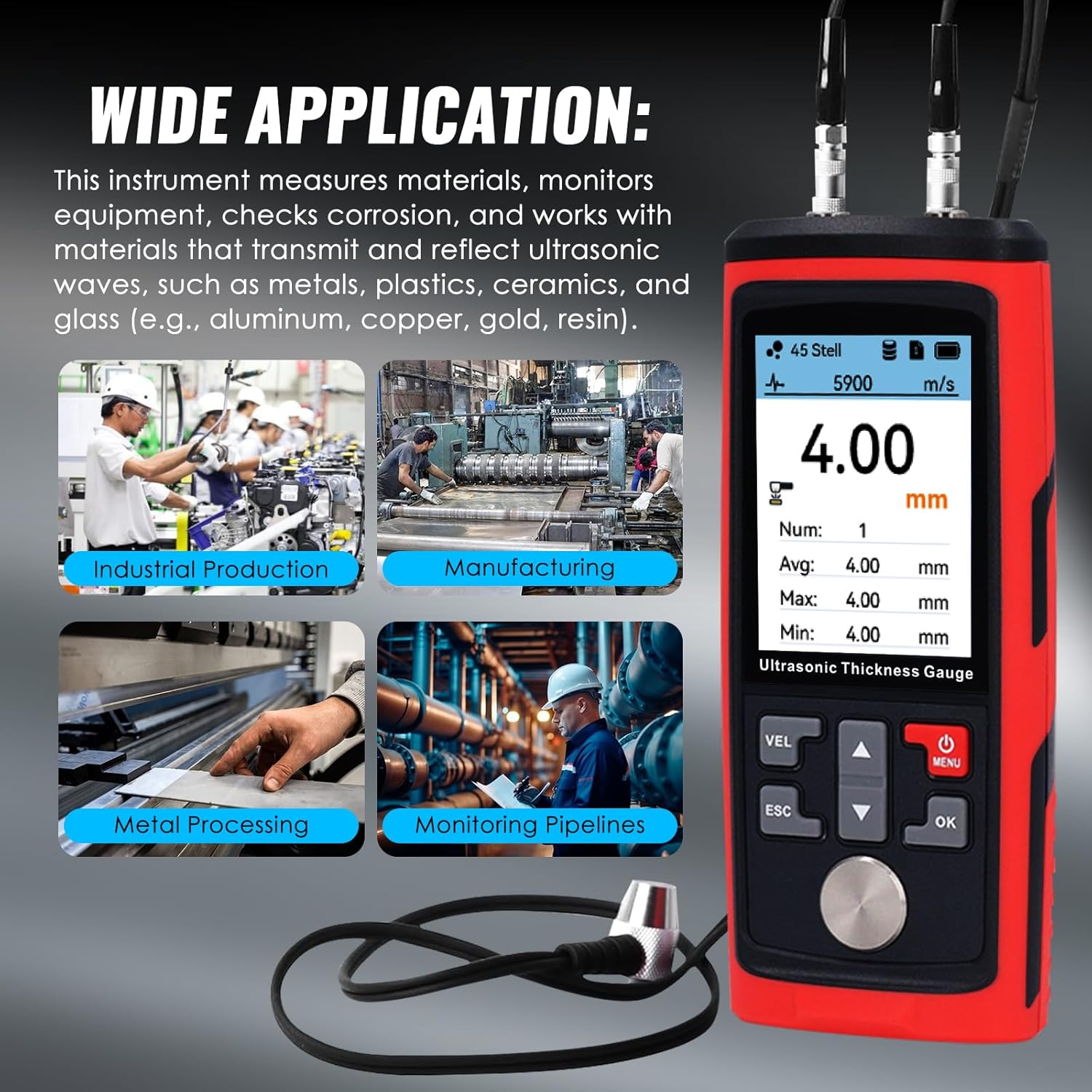Ultrasonic Thickness Gauge Meter, Range 0.03 to 11.8 inch with High Precision Probe, Data Storage, Customizable Sound Velocities, Rechargeable Thickness Tester for Steel/Metals/Plastic/Glass/PVC/Pipes