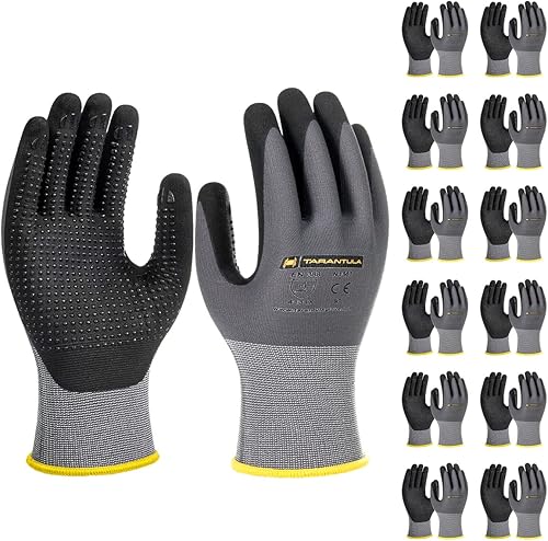 Tarantula Guantes de trabajo de seguridad con revestimiento de nitrilo de microespuma, 12 pares, nailon de punto sin costuras, puntos en la palma,