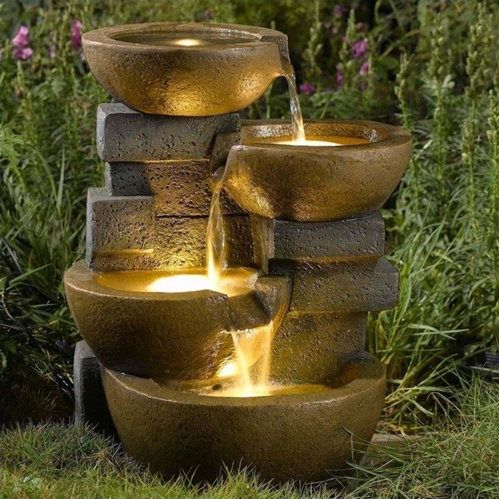 Jeco Zen Tiered Pots Fountain with LED Light, Natural