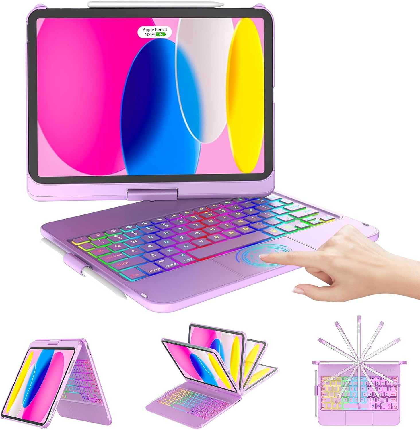 CC Store for iPad (A16) 11th 10th Generation Case with Keyboard - 7 Color Backlit 360° Swivel Multi-Touch Track Pencil Holde for iPad 11-inch A16 2025 10th Gen 10.9 Inch 2022 (Light Purple)