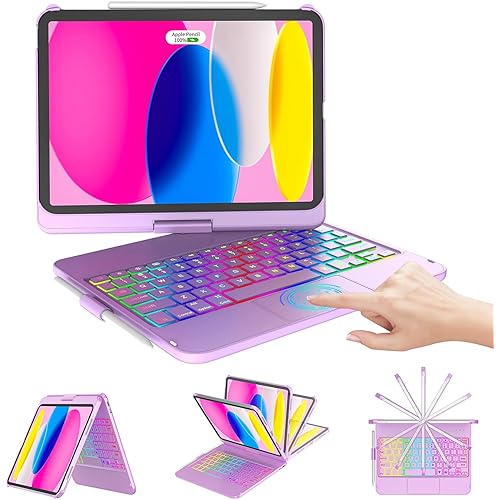 CC Store for iPad (A16) 11th 10th Generation Case with Keyboard - 7 Color Backlit 360° Swivel Multi-Touch Track Pencil Holde for iPad 11-inch A16 2025 10th Gen 10.9 Inch 2022 (Light Purple)