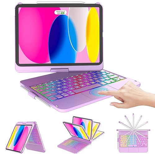 CC Store Touchpad Keyboard Case for iPad (A16) 11th Gen 2025/10th Gen 2022, 7 Color Backlit,360° Rotatable,Multi-Touch Track,Pencil Holde,Compatible with iPad (A16) 11th/10th Gen (Light Purple) - Light Purple