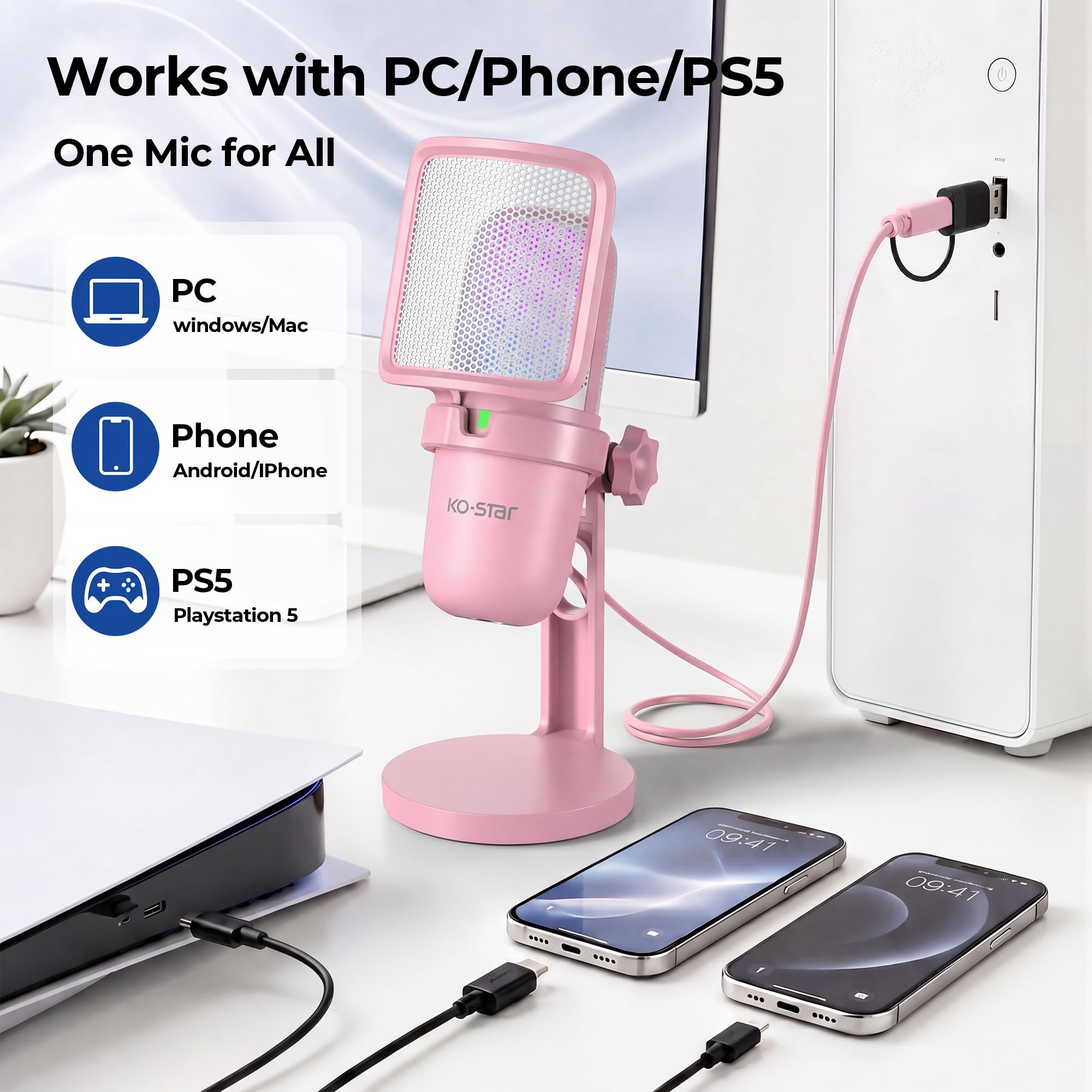 Mikrofon USB do komputera, mikrofon Asmr, mikrofon do gier komputerowych do PS4 / PS5 / Mac, mikrofon strumieniowy do gier komputerowych, mikrofon pojemnościowy ze strumieniowaniem RGB, filtr