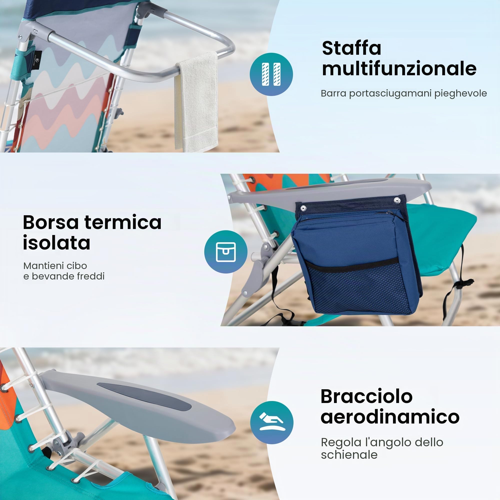 HIGH POINT SPORTS Set di 2 sedie da spiaggia pieghevoli con zaino, leggere, portatili, reclinabili, supportano 113 kg, sedie da campeggio con 4 posizioni per adulti, blu