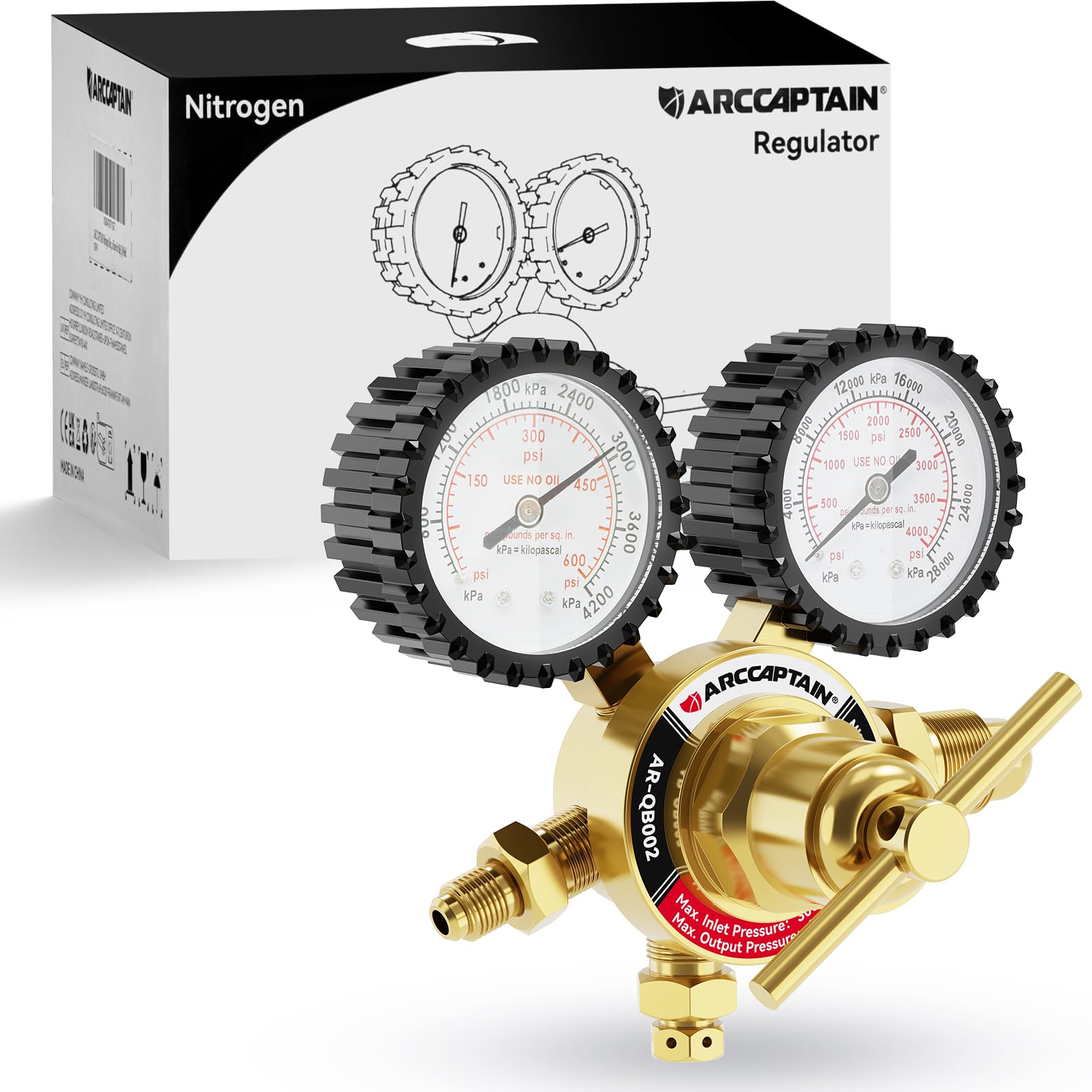 ARCCAPTAIN Nitrogen Regulator with 0-600 PSI, CGA580 Inlet Connection and 1/4'' Male Flare Outlet Connection Gauges