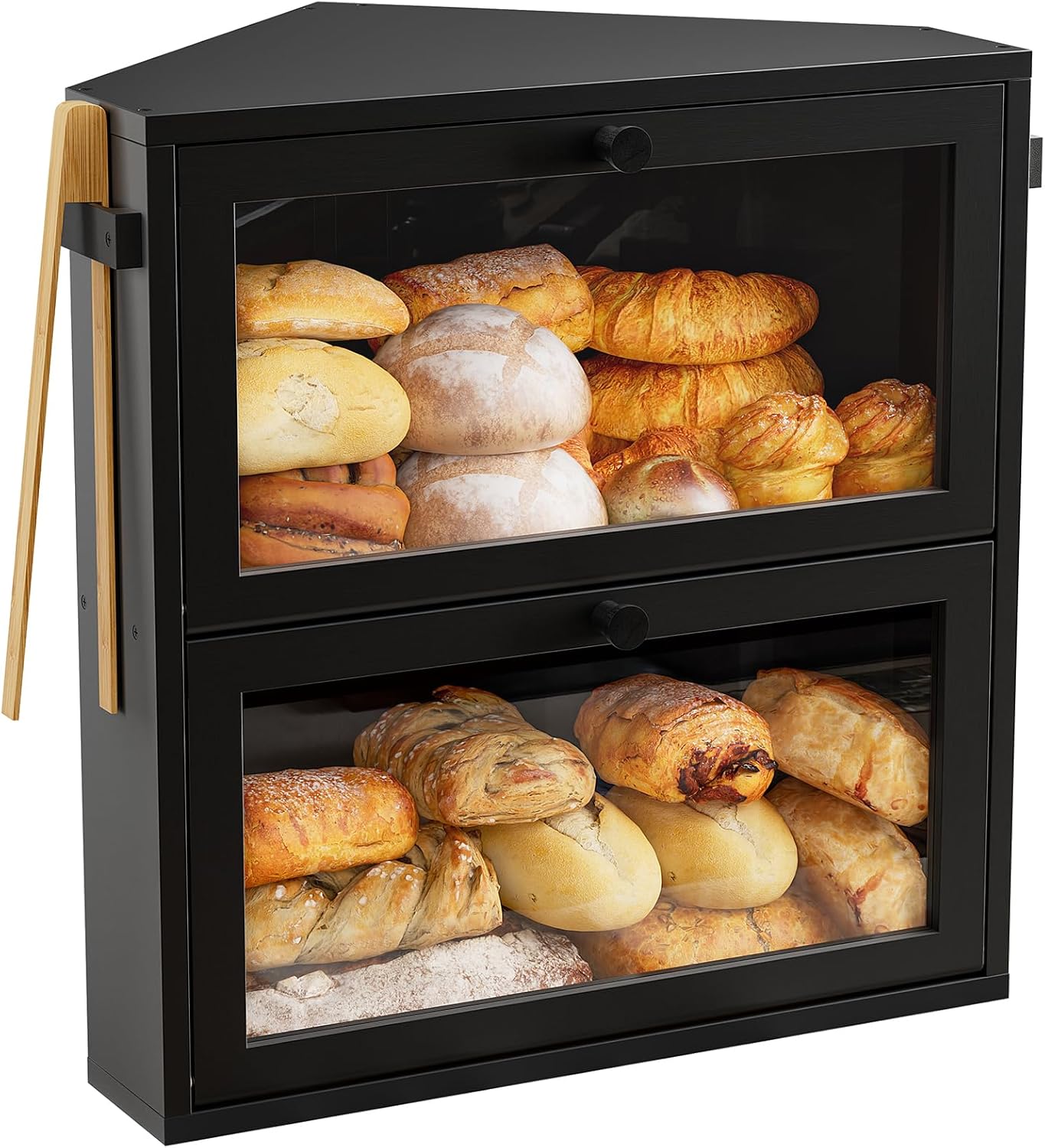 WOWLIVE Corner Bread Box for Kitchen Countertop, Large Double Layer Bread Storage Container for Homemade Bread, Black Bread Holder for Kitchen Counter, Under Cabinet Organizer (Black, Extra Large) Black (Extra Large)