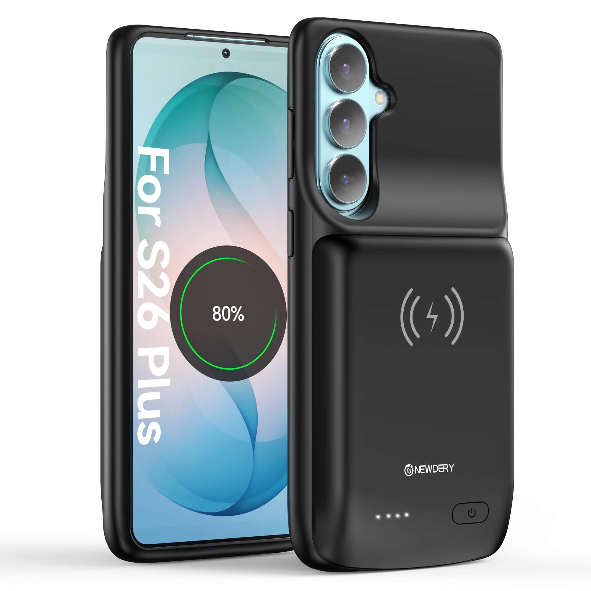 NEWDERY 9500mAh Battery Case for Samsung Galaxy S26 Plus/S25 Plus 6.7", Qi Wireless Charging Compatible, Protective Portable Charger Case Battery Pack for Galaxy S26 Plus&Galaxy S25 Plus Black