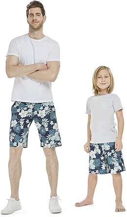 Father Son Matching Hawaiian Board Shorts - Navy Diamond Print With Elastic Waist