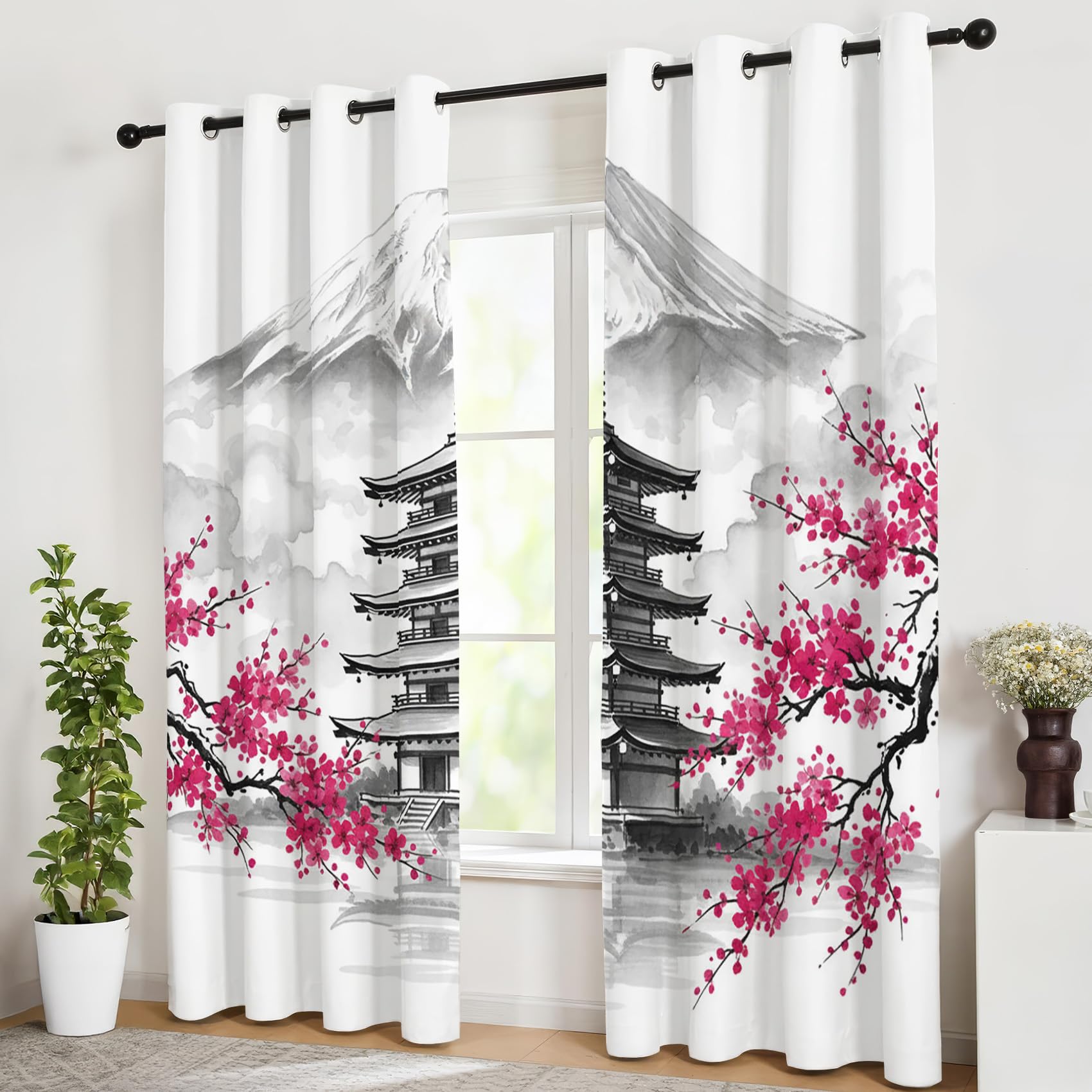 Rideau Occultant Thermiques Fleur de Cerisier Mont Fuji Japonais - Lot de 2 Rideaux Imprimé pour Salon Chambre Fenetre Cuisine, Rideaux et Draperies Intérieurs à Oeillets, 140x220 cm (LxH)