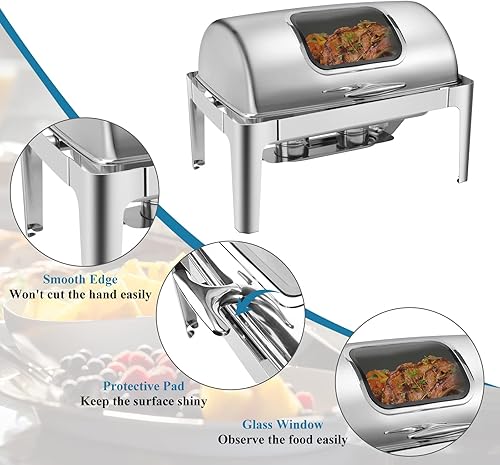 Miniatura 2 de Juego de bufé de 9 cuartos de galón con tapa enrollable visible, servidores y calentadores de bufé de acero inoxidable para catering, fiestas,