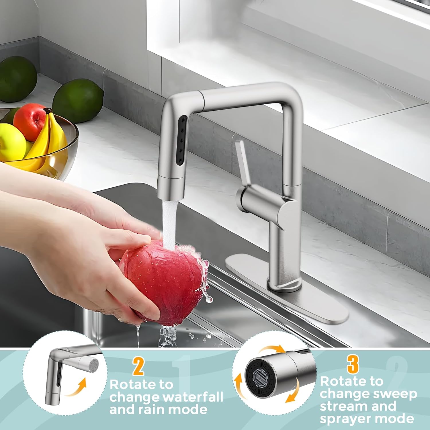 Waterfall Kitchen Faucet with Pull Down Sprayer, Hurran Kitchen Sink Faucets with 5 Spout Modes, 360° Swivel Single Handle Faucet with Deck Plate, Brushed Nickel - Image 4