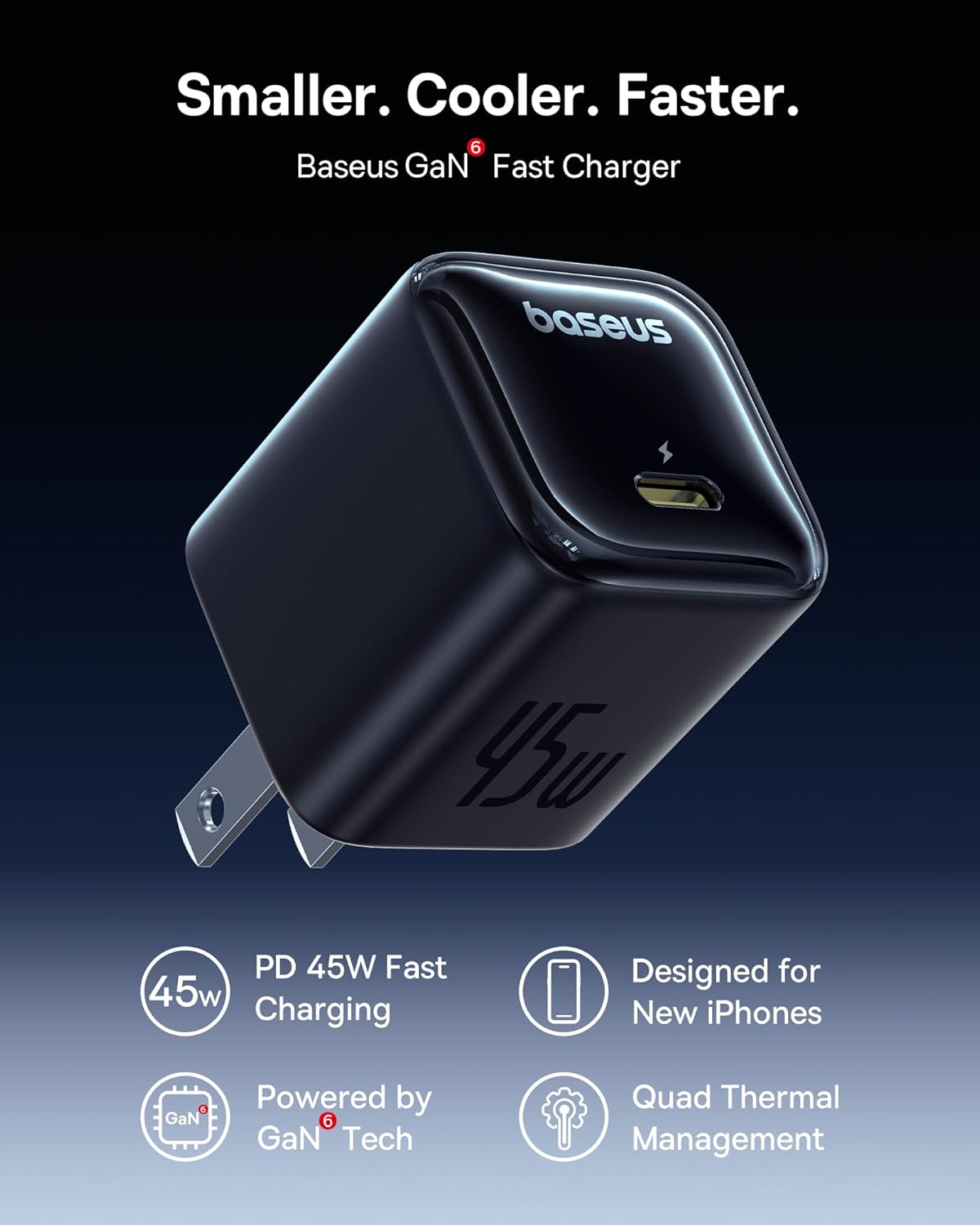 Baseus 45W USB C Charger Block highlighting GaN Tech