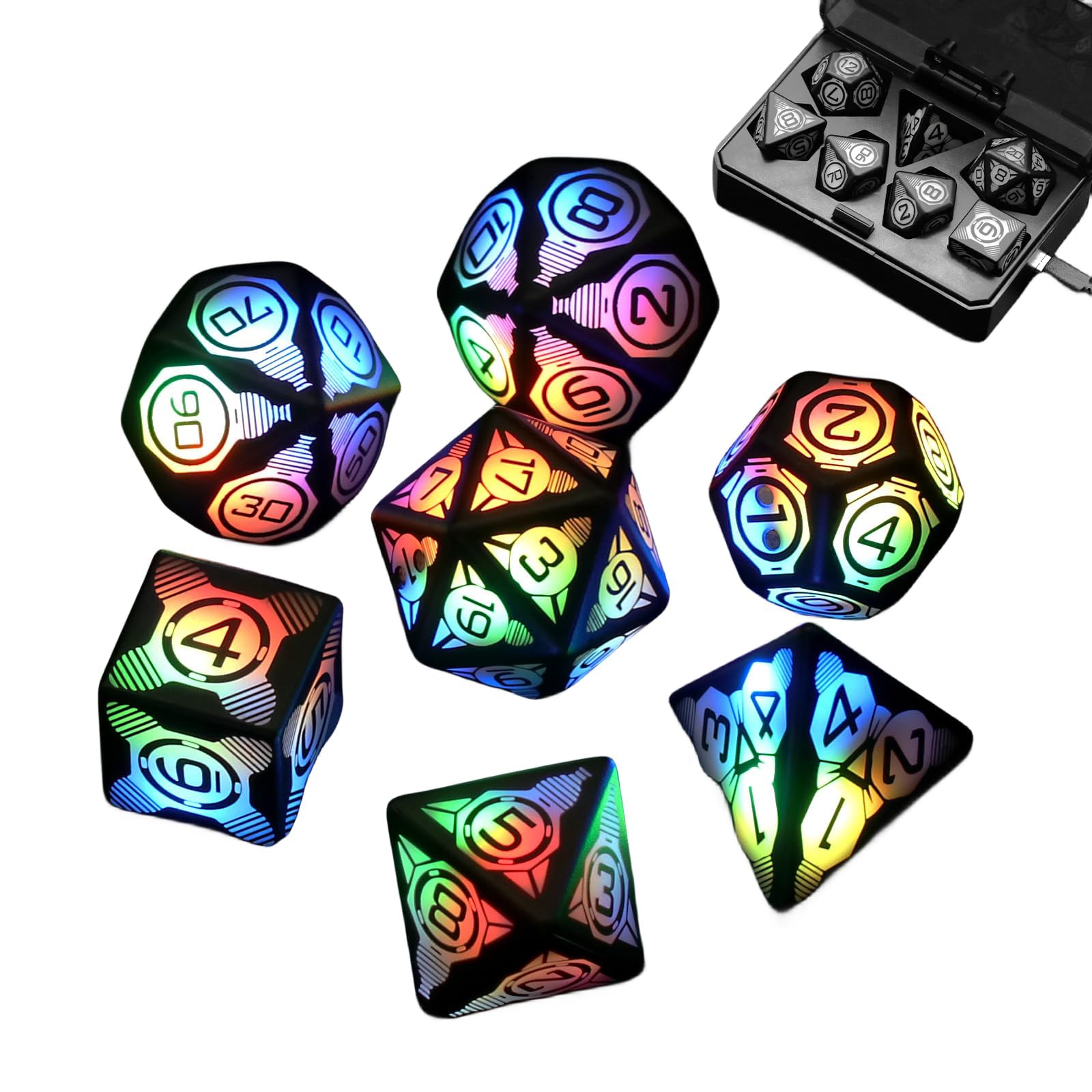 SONLEDRechargeable Glowing Magnetic Suction Dice, LED 7 PCs Light Up Dice, Multi-sided Dice Board Game Toy Script Kill Polyhedral Dice for Role Playing Dice