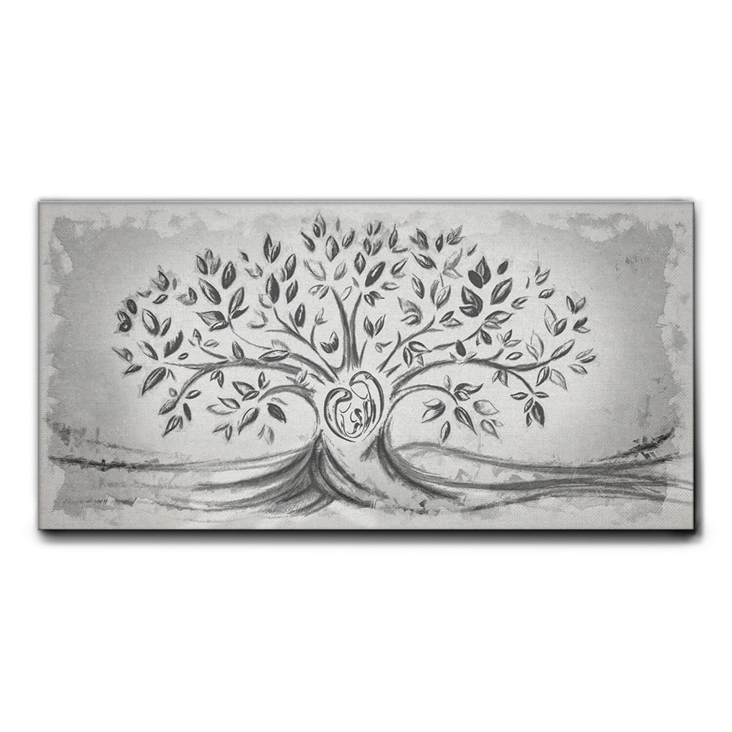 Giallobus - Quadro - 03 - Capezzale Moderno - Sacra Famiglia e Albero della Vita - Black&Gray - Tela Canvas Telaio Standard - 100x50 - Pronto da Appendere - Quadri Moderni per la casa