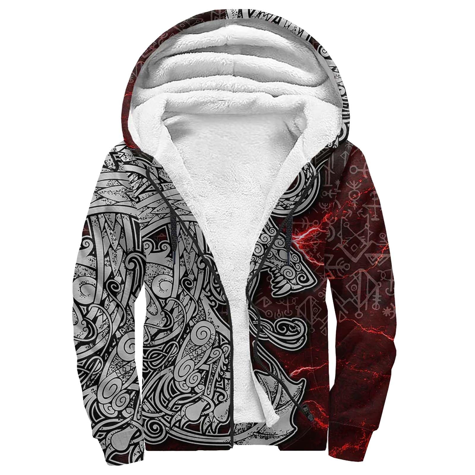Viking Men's Winter Fleece Hoodies for Men Norse Mythology Tattoo Heavyweight Warm Thick Full Zip up Sweatshirt Outerwear