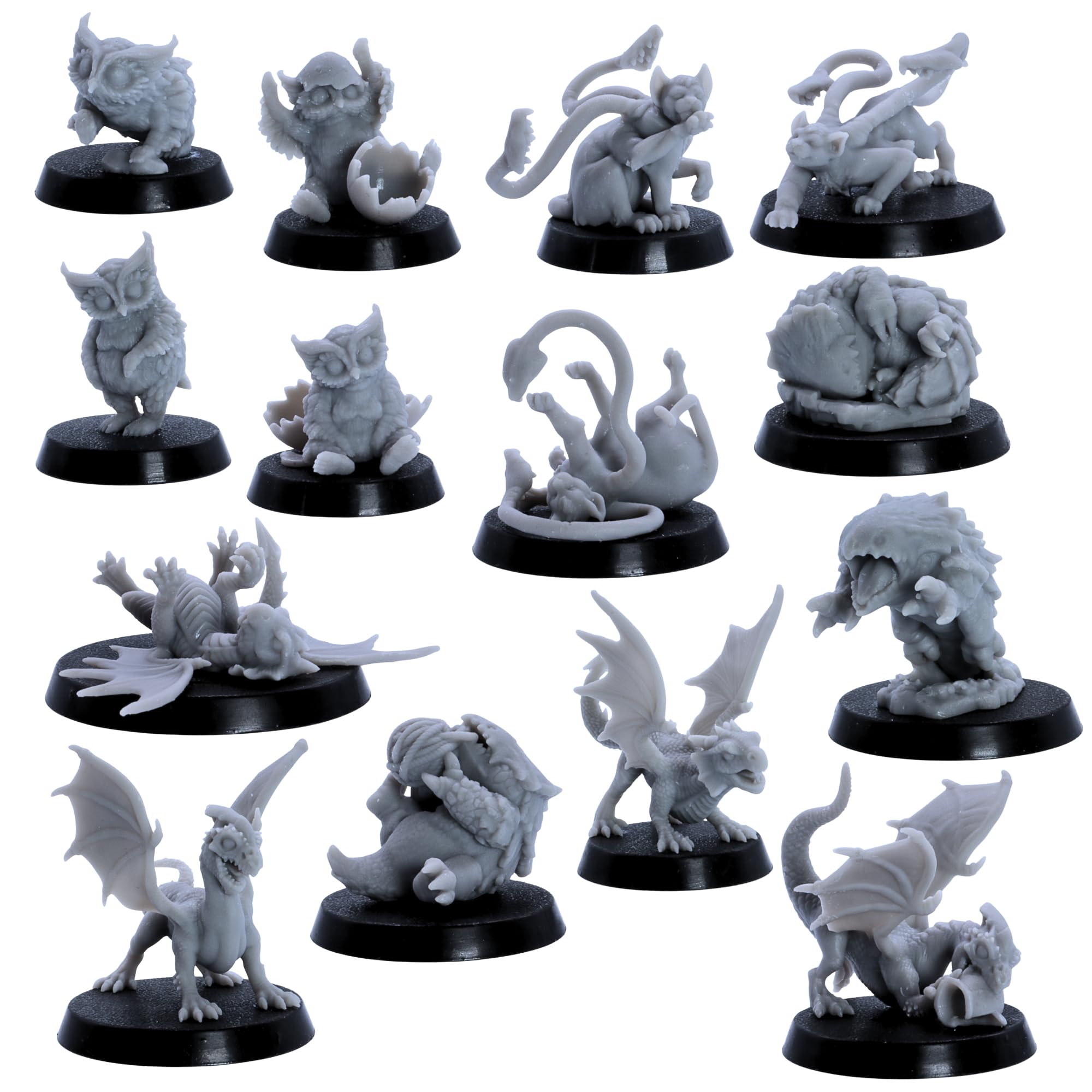 Baby Dragons & Monsters Miniature DnD Set - 14 Fantasy Creatures (Red & White Wyrmlings, Owlbears, Bulettes, Phase Panthers)