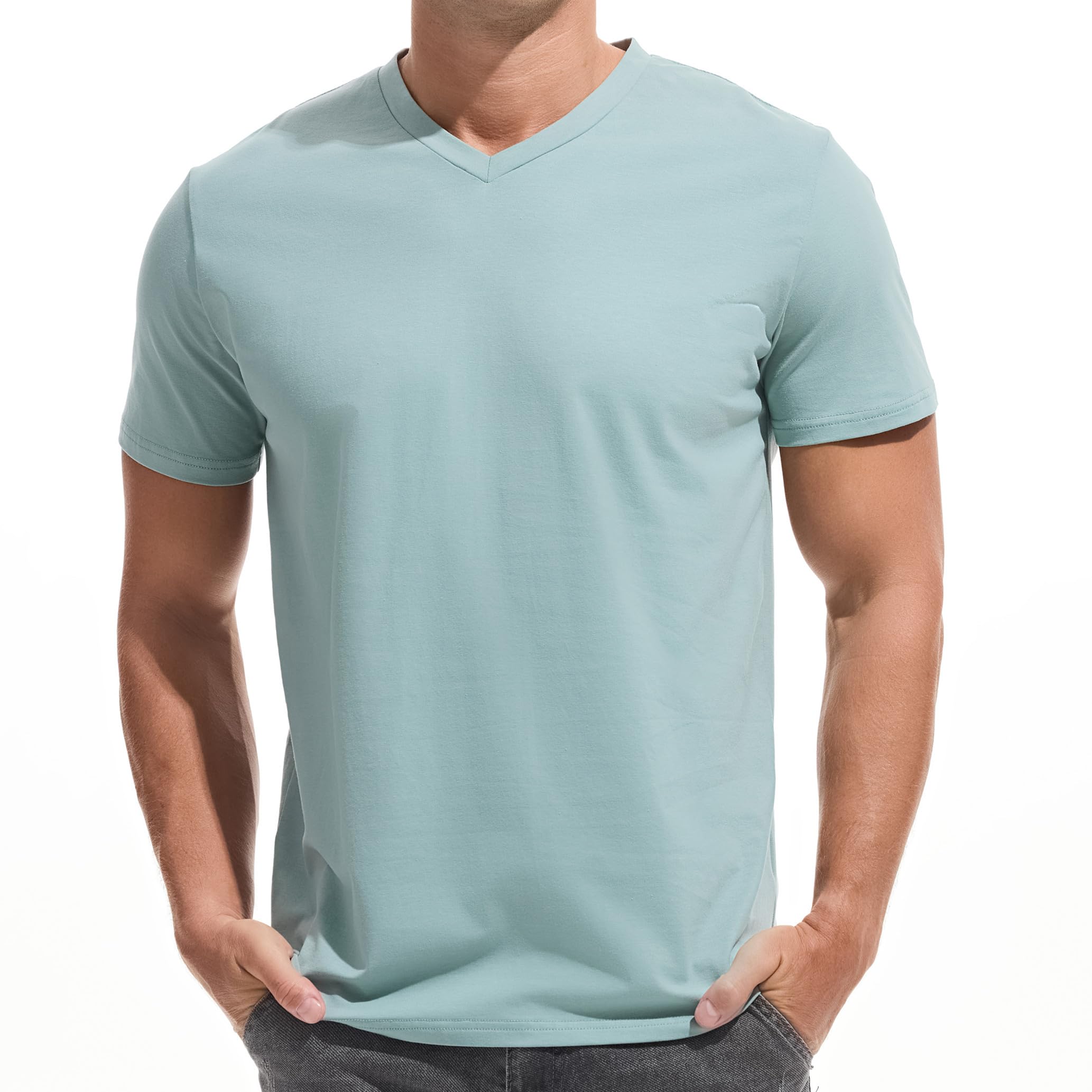VEIISAR Herren V-Ausschnitt T-Shirt, 190g/m², Regular Fit, einfarbig, Stretch Material, weiches Basic Shirt