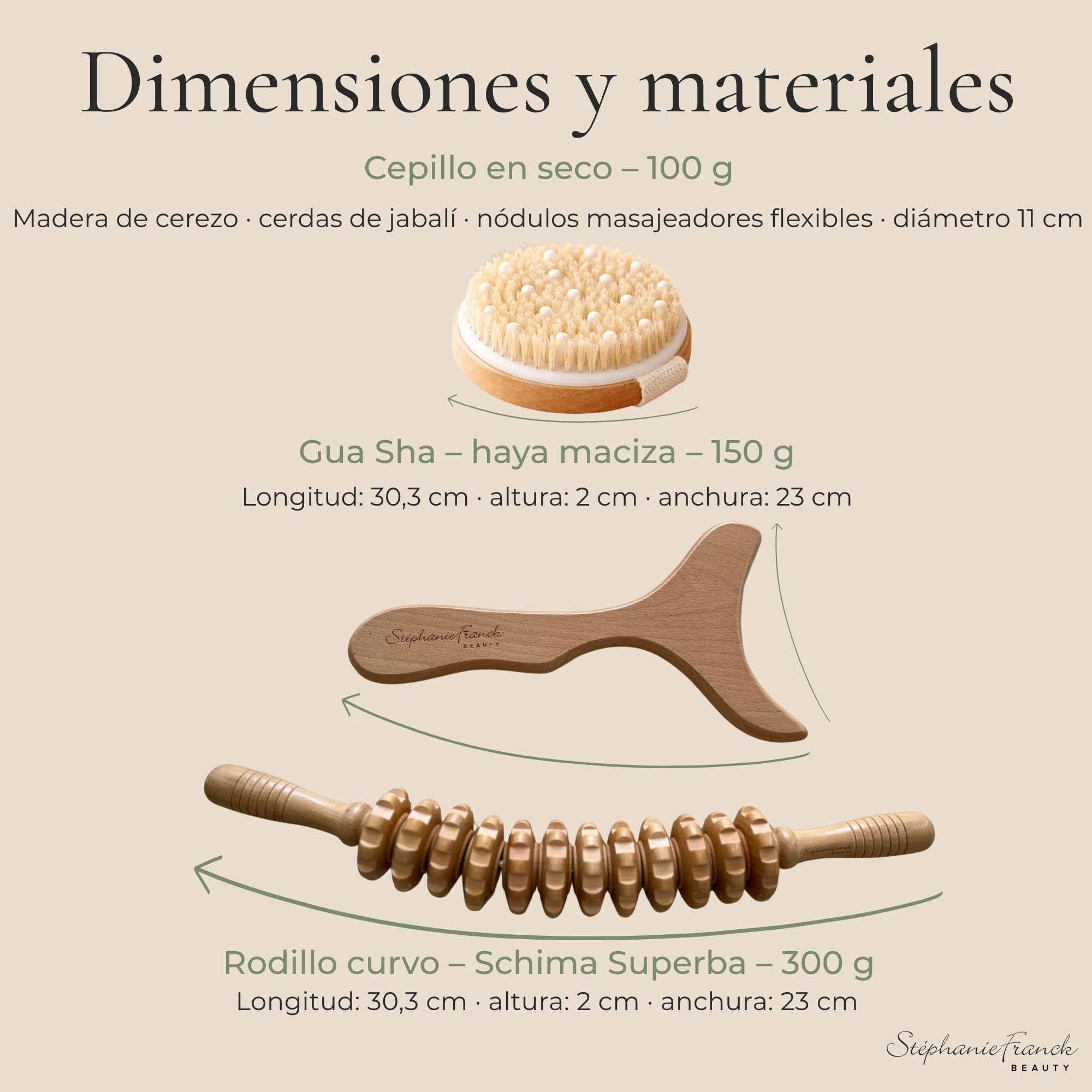 Set de Maderoterapia en Madera, 3 Piezas con Rodillo Masajeador, Gua Sha Corporal y Cepillo en Seco, para Piernas, Muslos, Abdomen y Brazos