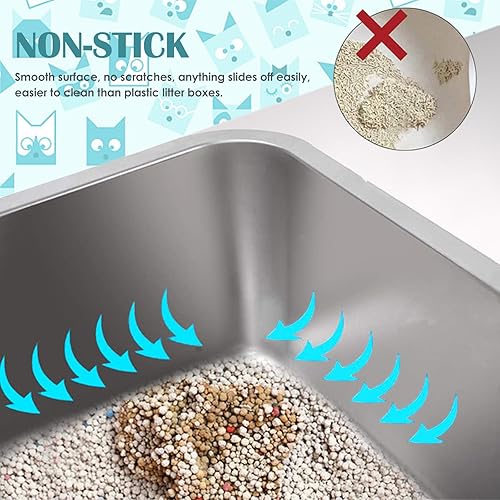 Miniatura 3 de 3 paquetes de arena para gatos de acero inoxidable para gatos grandes, lados extra altos y caja de arena de metal duradera para gatos de tamaño XL