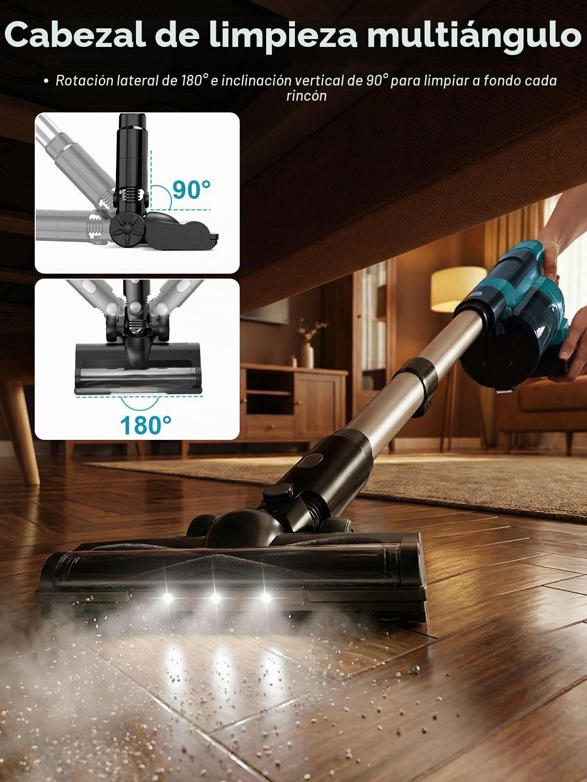 Aspiradora sin Cable 60Kpa/70Min, Cepillo Anti-Enredo Mejorado 2026, 8000mAh Aspiradora Escoba Potente con Luz Verde, Cepillo Antienredos y Pantalla LED, Alfombras/Suelos/Pelo de Mascotas